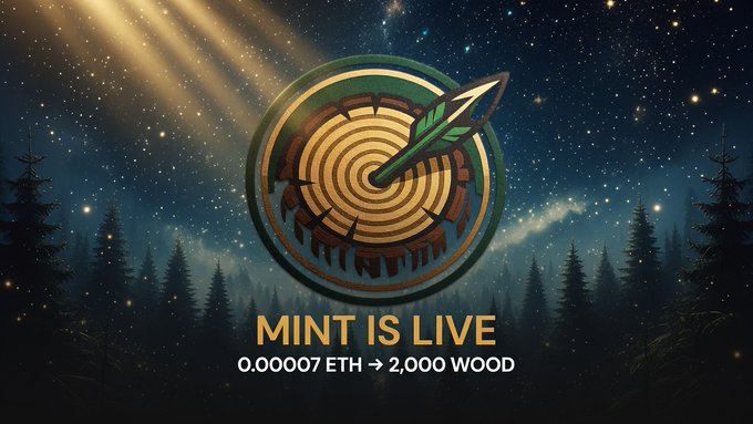 A glowing target with an arrow hit dead-center floats over a starry forest night, promoting the live WOOD token mint at 0.00007 ETH → 2,000 WOOD via sherwoodtoken.xyz, with text reading "MINT IS LIVE" and "0.00007 ETH → 2,000 WOOD." The bullseye imagery symbolizes hitting the target with the fair, no-presale public mint of the 80M available WOOD tokens.