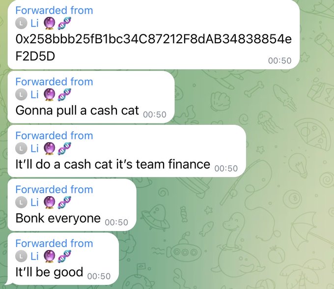 The image shows a series of forwarded Telegram messages from a user named "Li" (with a crystal ball and DNA emojis) sent at 00:50, containing the text: "0x258bbb25fB1bc34C87212F8dAB34838854eF2D5D", "Gonna pull a cash cat", "It'll do a cash cat it's team finance", "Bonk everyone", and "It'll be good." These messages appear to document the wallet address and announcement of a "cash cat" token launch, supporting the post's claim that @printmymint's launch was already operational and didn't require special bundles, while mocking those paying for such farms in 2026.