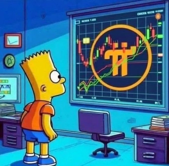 A cartoon image shows Bart Simpson standing in an office, staring at a large wall screen displaying a candlestick chart with a large orange Pi cryptocurrency symbol in the center.