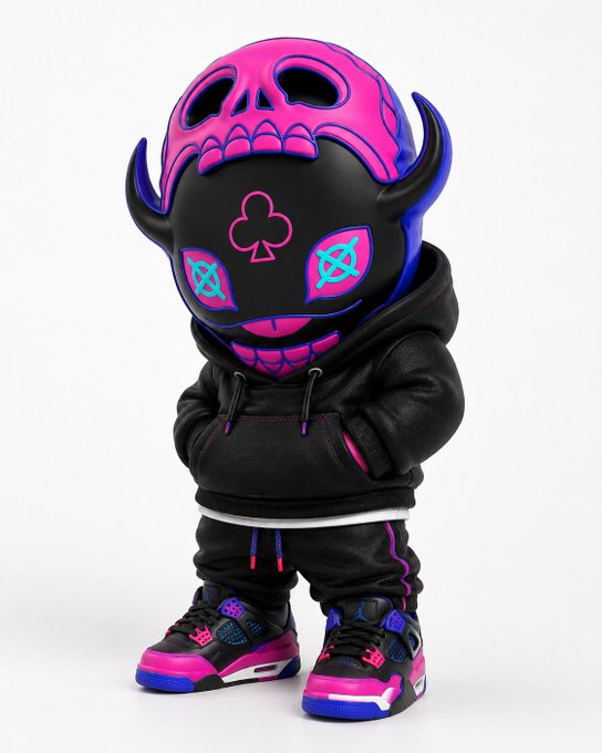 A 3D rendered character figure wears a black hoodie, dark sweatpants, and a black mask decorated with neon pink and blue skull motifs, horns, and a club symbol, paired with matching sneakers.