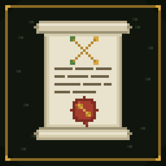 A pixel art image of a scroll or document with a DNA double helix design, placeholder text lines, and a red wax seal with a yellow emblem on a dark background.