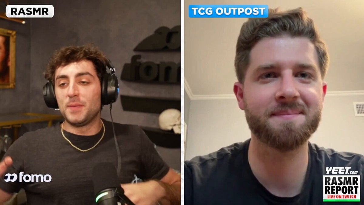 The image shows two men wearing headphones, with one man's face being displayed on a left side of the frame while the other man's face is shown on a right side of the frame. The background features a gray wall with a poster hanging above them. Below the images, there are text elements that read "TCG OUTPOST", "@tcgoutpost", and "focus on what is in the image". These texts seem to be related to the content displayed in the image.