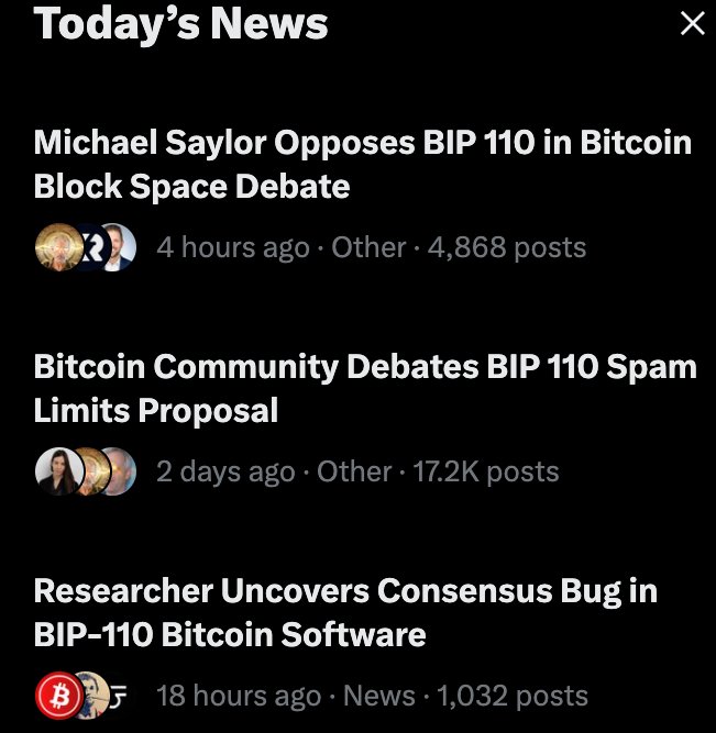 "Today's News" feed displays three Bitcoin-related headlines covering Michael Saylor's opposition to BIP 110, community debate over its spam limits proposal, and a researcher uncovering a consensus bug in BIP-110 software, highlighting the ongoing technical and social disagreements within the Bitcoin community that the post humorously contrasts with DOG coin enthusiasm.