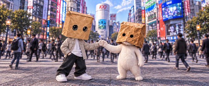 Two figures with paper bags over their heads (one child in a jacket, one plush-like creature) fist-bumping in the middle of a busy city crosswalk in what appears to be Shibuya, Tokyo.