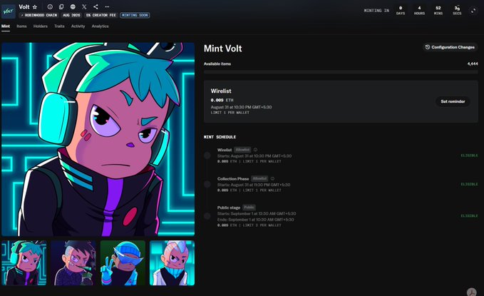 A webpage screenshot from ROOTERWOOD CHAIN showing NFT minting information for 'Mint Volt', with character artwork and mint schedules.