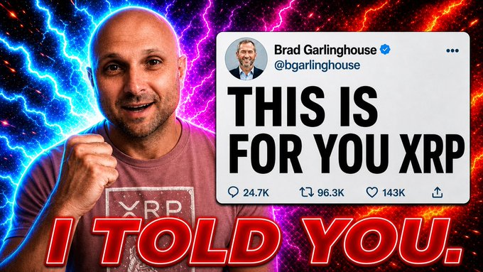A thumbnail-style image features a smiling, bald man wearing an XRP t-shirt beside a tweet from Brad Garlinghouse (@bgarlinghouse) reading "THIS IS FOR YOU XRP," with bold red text at the bottom declaring "I TOLD YOU." against a vibrant lightning background. The post teases an upcoming video announcement, aligning with the excited "Go Time!" energy conveyed by the celebratory XRP-focused tweet in the image.