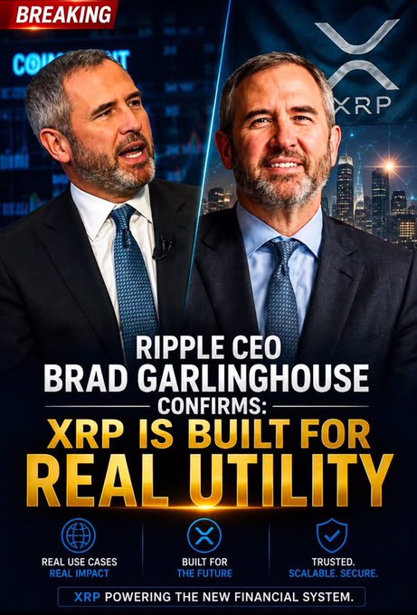 A breaking news-style graphic featuring Ripple CEO Brad Garlinghouse with the headline 'RIPPLE CEO BRAD GARLINGHOUSE CONFIRMS: XRP IS BUILT FOR REAL UTILITY' alongside the XRP logo.