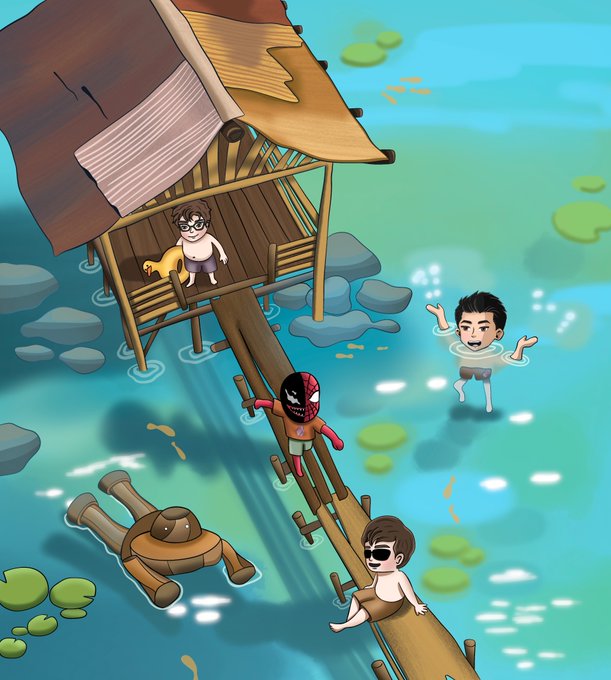 An illustrated scene depicting cartoon characters including a Spider-Man figure on a wooden dock over water, with a person in a hut and others swimming nearby.
