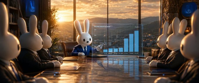 The image features a cartoon bunny dressed as a businessman sitting at a desk, giving a presentation to a group of other cartoon bunnies wearing suits. The main character appears to be explaining something important, possibly related to a social finance concept or an innovative project. A graph is visible in the background on a screen displaying various data points that support the importance of what the bunny is saying during his presentation.