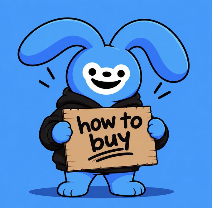 A cheerful blue cartoon bunny wearing a black hoodie holds a brown cardboard sign reading "how to buy," directly illustrating the post's guide on purchasing the $SUICA token and onboarding to the Sui network by recommending the Slush wallet as a starting point.