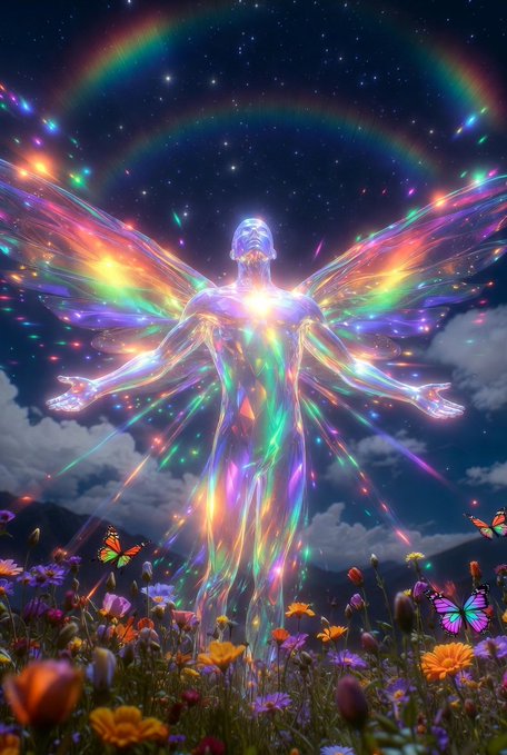 A vibrant fantasy artwork depicts a translucent crystalline humanoid figure with rainbow light emanating from its chest, surrounded by colorful butterflies in a flower field under a starry sky with a rainbow.