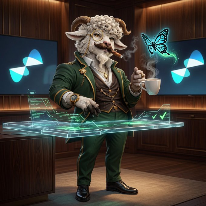 A digitally illustrated anthropomorphic sheep in a green Victorian suit smokes a cigar and holds a coffee cup while interacting with a holographic interface, with glowing blue butterfly-like symbols displayed on screens behind him.