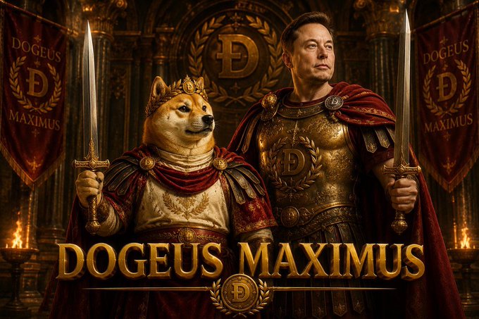The image features two characters, one of which is a dog wearing a crown and holding a sword, while the other character is a man dressed in medieval armor with a sword. The background includes banners that say "DOGEUS MAXIMUS" and "EMPIRE RISING". The post seems to be promoting a game or an event related to the character DOGEUS Maximus, who is known for his meme power and dominance over the digital world.

The image also contains text that reads "EMPIRE RISING In the age of digital empires, one DOGEUS rose above all others. Clad in imperial armor, wielding ancient wisdom and meme power - $DOGEUS is conquering Ethereum!". This suggests that the character DOGEUS Maximus has achieved a significant milestone or victory within the gaming world, possibly related to the game "EMPIRE RISING".