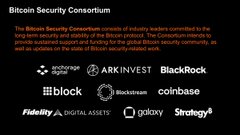 An image titled 'Bitcoin Security Consortium' listing corporate logos including ARK Invest, BlackRock, Block, Coinbase, Fidelity Digital Assets, Galaxy, and Strategy, with text criticizing the concentration of Bitcoin security with major institutions.