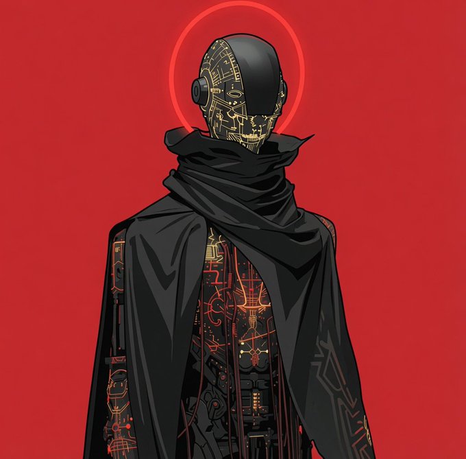 A stylized digital illustration of a cyberpunk figure with a black and gold circuit-patterned mask/face, wearing a dark cape against a red background with a red halo behind its head.