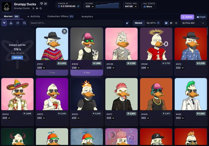 A screenshot of an NFT marketplace listing for the 'Grumpy Ducks' collection, displaying various duck character avatars for sale with prices in ETH and their corresponding rarity rank.