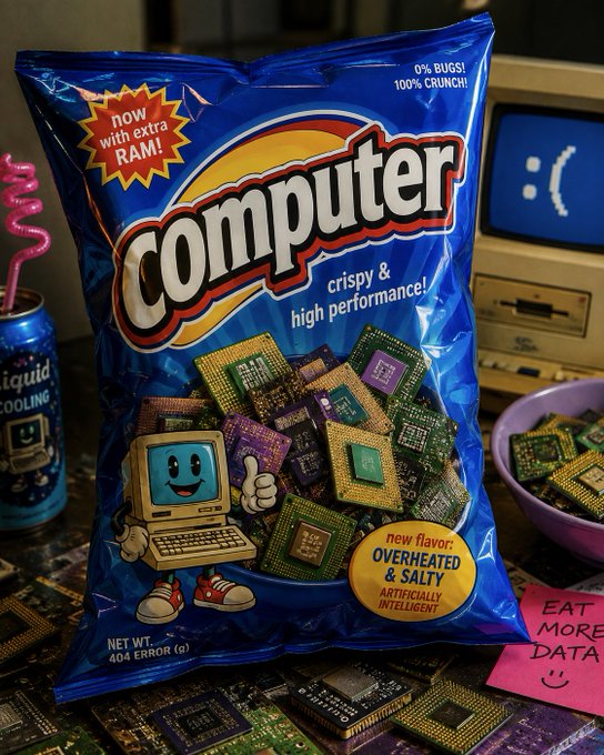 A blue bag of "Computer" brand chips with the tagline "crispy & high performance" and "new flavor: OVERHEATED & SALTY", featuring a cartoon computer mascot and surrounded by circuit boards.