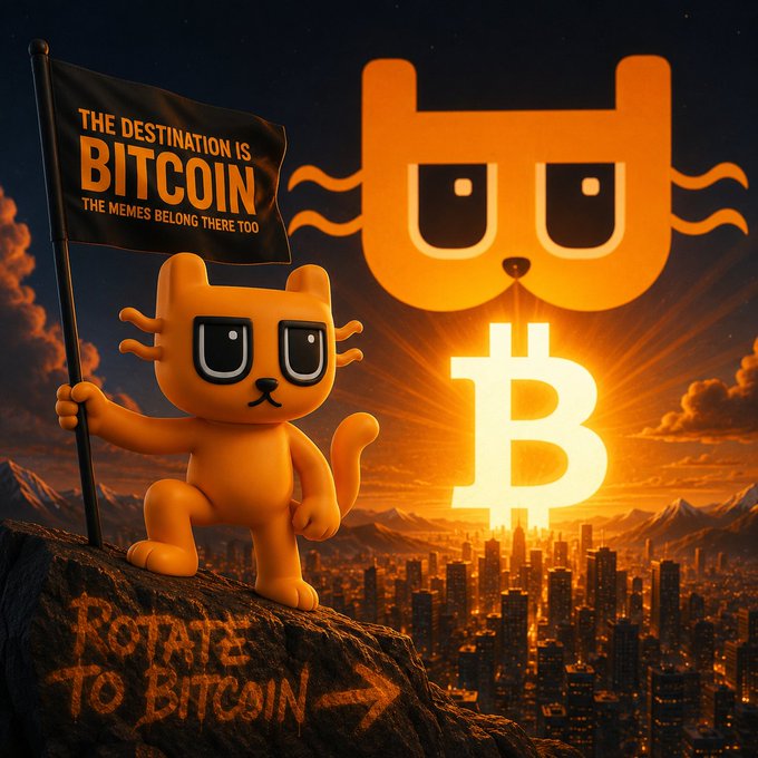 An orange cartoon cat stands triumphantly on a cliff holding a flag reading "THE DESTINATION IS BITCOIN — THE MEMES BELONG THERE TOO," with a large glowing Bitcoin symbol rising over a city skyline and a stylized orange cat logo in the sky. The image directly visualizes the post's message that meme coins should migrate to Bitcoin's ecosystem, pairing the "end game is Bitcoin" thesis with $BILLY branding and the carved rock text "ROTATE TO BITCOIN."