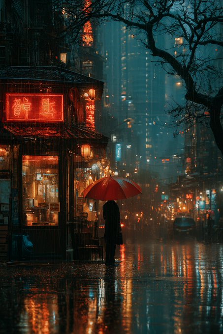 An atmospheric, rain-soaked cyberpunk city street at night featuring a person in silhouette holding a red umbrella next to a glowing red neon storefront with Chinese characters.