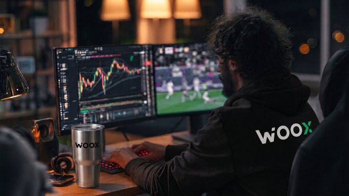 A person wearing a black "WOOX" hoodie sits at a desk analyzing financial charts and a sports game across two monitors, with a matching WOOX-branded tumbler nearby—capturing the "ultimate summer setup" vibe of multitasking crypto/trading and sports viewing.

Key visible text/branding: **WOOX** (on both the back of the hoodie and the silver tumbler).