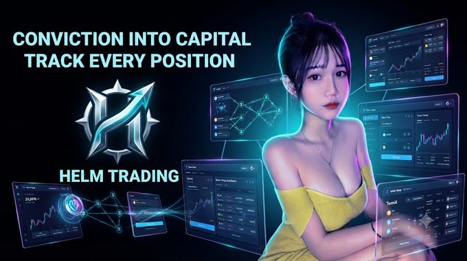 A promotional graphic for 'HELM TRADING' featuring the text 'CONVICTION INTO CAPITAL / TRACK EVERY POSITION', a stylized 'H' logo, a woman in a yellow top, and floating financial dashboard screens.