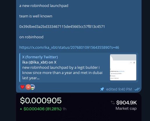 A Telegram chat screenshot mentions a "new robinhood launchpad" linked to token address 0x39dbed3a2bd333467115de45665cc57f813c4571, posted alongside an X quote from @ika_xbt at 9:40 PM, with the token showing a price of $0.000905, a market cap of $904.9K, and an 81.28% gain. The image supports the post's reference to a high-momentum launchpad pick that gained significantly after being shared early, echoing the "$200M $PONS" claim about early calls.