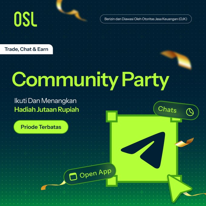 A promotional banner for OSL's 'Community Party' offering millions of rupiah in prizes, with options to chat and open the app.