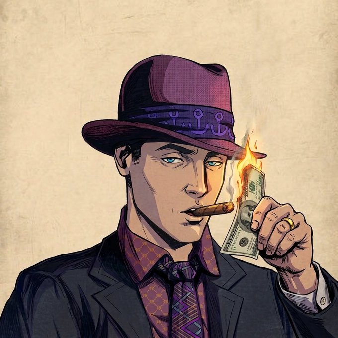 A stylish man in a purple fedora and patterned tie smokes a cigar while holding a burning $100 bill, symbolizing the "rise and grind" mentality of burning money to make money. The flame igniting the cash serves as a bold metaphor for the high-risk hustle culture embraced in the "GM frens" morning greeting.