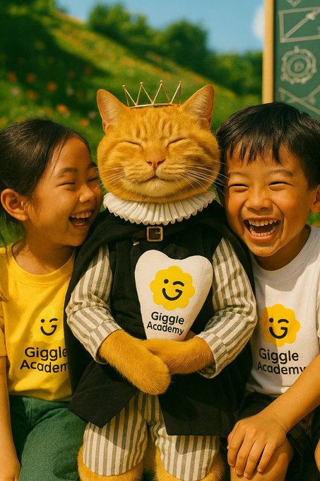 Two joyful children wearing "Giggle Academy" t-shirts laugh alongside a smiling orange cat mascot wearing a crown and holding a "Giggle Academy" heart sign, visually representing the charity's playful mission to bring education and happiness to children. The image reflects the post's appreciation for community support, showing the wholesome, child-focused spirit that the @NiannianCTO_BNB community helped champion through charitable giving.