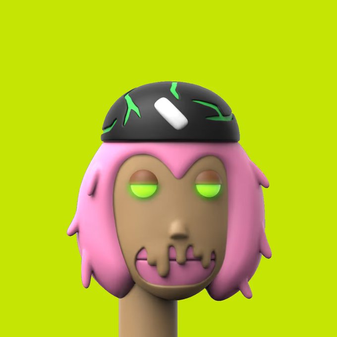 A 3D-rendered character with pink hair, glowing green eyes, and a black cap featuring green leaf-like patterns appears against a bright lime-green background. The post references the "FIRST 33 $ETH WALLETS," suggesting the image likely represents an early collector or notable entity associated with these Ethereum wallets, possibly tying to an NFT-style collectible or crypto project.