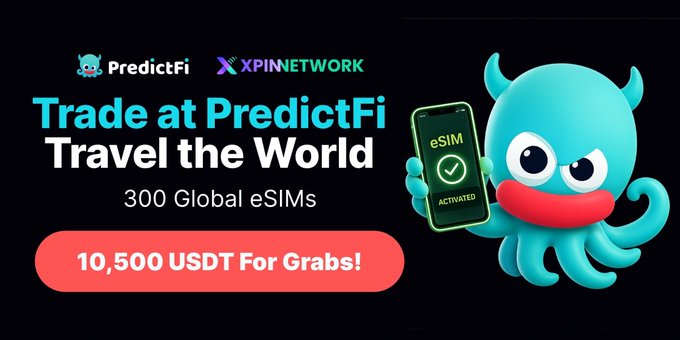 A promotional banner for PredictFi and XPIN Network featuring a blue octopus mascot holding a phone showing an activated eSIM, advertising 'Trade at PredictFi, Travel the World' with 300 Global eSIMs and a prize of 10,500 USDT.