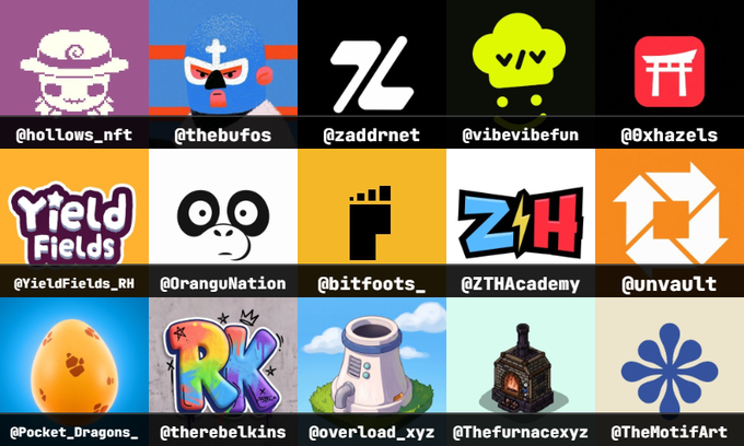 A grid collage of various NFT project logos and avatars with their associated Twitter handles, including @hollows_nft, @thebufos, @zaddrnet, @vibevibefun, @0xhazels, @yieldfields_RW, @OranguNation, @bitfoots_, @ZTHAcademy, @unvault, @Pocket_Dragons_, @therebelkins, @overload_xyz, @TheFurnacexyz, and @TheMotifArt.