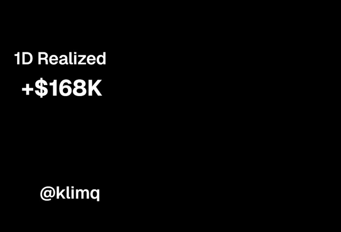 A black screen with white text reads '1D Realized +$168K' and credits '@klimq' at the bottom.