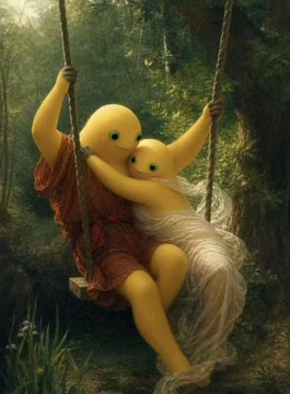 A whimsical, surreal artwork depicting two yellow figures with simple dot eyes swinging together on a rope swing in a misty forest setting, one wearing a red dress and the other draped in a white veil.