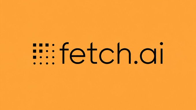 The image displays the Fetch.ai logo on a solid orange background, featuring black text and a dotted square icon. The logo represents one of the AI crypto projects targeted by the hacker mentioned in the post.