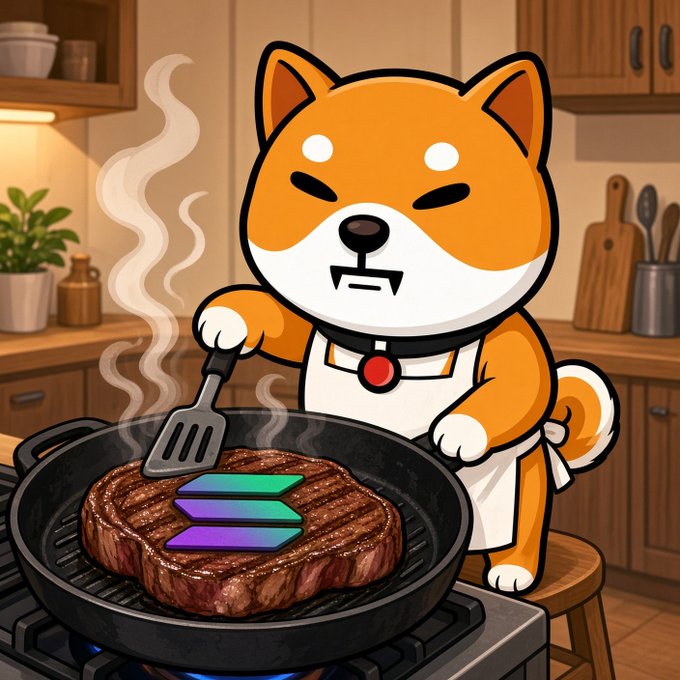 A digital illustration of a cartoon Shiba Inu dog wearing a white apron, cooking a steak in a black pan on a stove, with a Solana logo embedded in the meat.