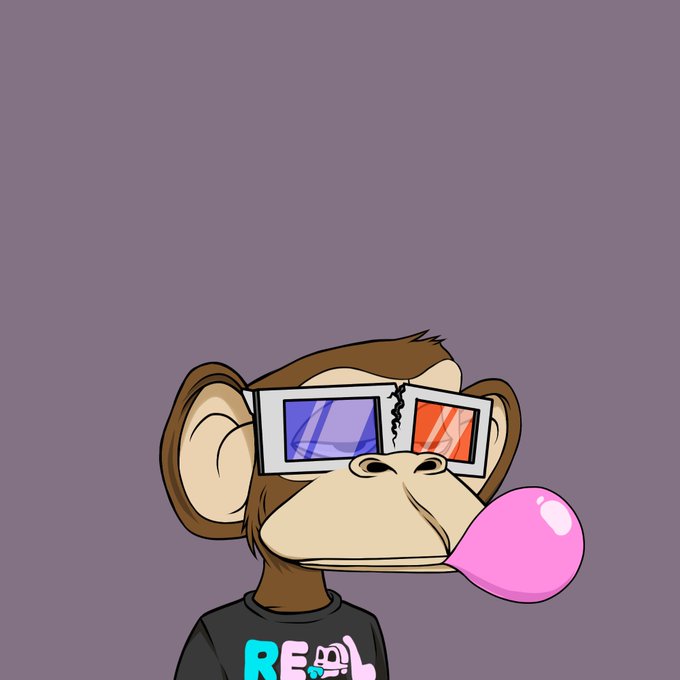 A digital illustration of a brown cartoon monkey wearing 3D glasses, blowing a pink bubblegum bubble, and sporting a black t-shirt with the letters 'REAL' on a gray background.