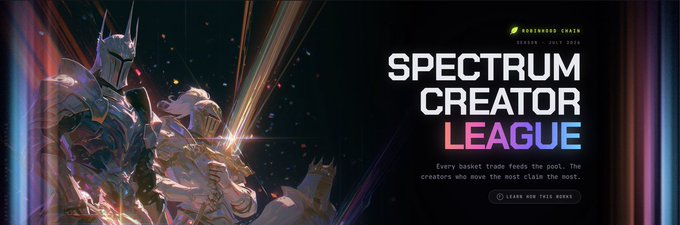 A promotional banner for the "Spectrum Creator League" Season 2, 2024, hosted by Housebound Chain, features a fantasy knight and lion warrior statue bathed in rainbow light with the tagline "Every basket trade feeds the pool. The creators who move the most claim the most." The vibrant, revival-themed imagery complements the post's message about the community's efforts to launch both Prism V2 and Spectrum V2 following earlier setbacks.