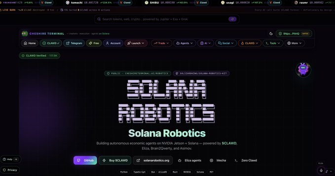 A screenshot of the Oneinch Terminal webpage showing a 'Solana Robotics' project page, with text reading 'Building autonomous economic agents on NVIDIA Jetson + Solana — powered by $CLAWD. Eliza, Brian2Qwenity, and Atomvo.'