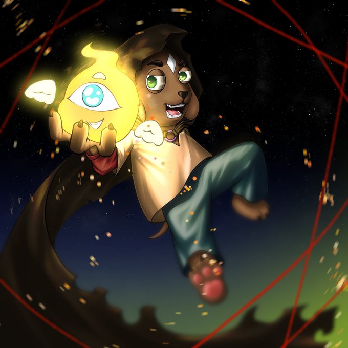 An anthropomorphic dog character joyfully leaps through a starry night sky while holding a glowing yellow flame creature with a single eye, framed by red geometric lines. The whimsical, dynamic illustration complements the NFT giveaway announcement by showcasing the playful, fantastical art style likely associated with the project.