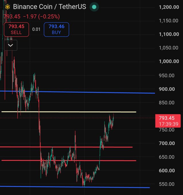 Binance Coin (BNB) / TetherUS (USDT) trading chart showing a price of 793.45, down 1.97 (-0.25%), featuring red sell and blue buy buttons, with the timestamp 17:39:39.