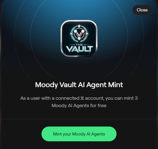 A digital interface titled 'Moody Vault AI Agent Mint' displays the 'The Vault' logo and offers users with a connected X account the ability to mint 3 free Moody AI Agents via a green button.