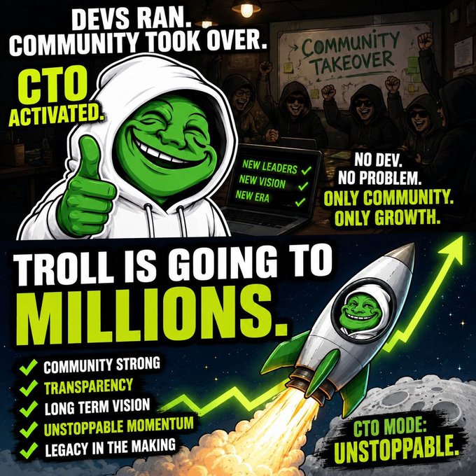 A crypto meme graphic features a Trollface character in a hoodie giving a thumbs up, with text reading 'DEVS RAN. COMMUNITY TOOK OVER. CTO ACTIVATED.', 'TROLL IS GOING TO MILLIONS.', and 'CTO MODE: UNSTOPPABLE.' alongside a rocket launching toward the moon.