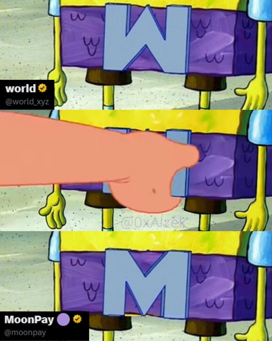 A SpongeBob SquarePants meme showing a 'W' being flipped by a hand to become an 'M', with social media handles 'world @world_xyz' and 'MoonPay @moonpay' displayed, watermarked '@0xAizek'.