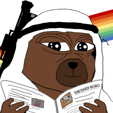 The image features a brown cartoon bear holding a book titled "The Daily Bobo" with its paws. The bear appears to be reading or looking at the book, possibly enjoying some bobo nfts from the post. The background of the image is colorful, featuring a rainbow and a gun, which adds an interesting contrast to the bear's appearance.