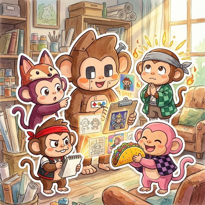 An illustration features cute monkey characters in various costumes (fox, artist with hammer, ninja with sketchbook, taco-eating monkey) gathered in a cozy room, resembling an NFT collection art style.