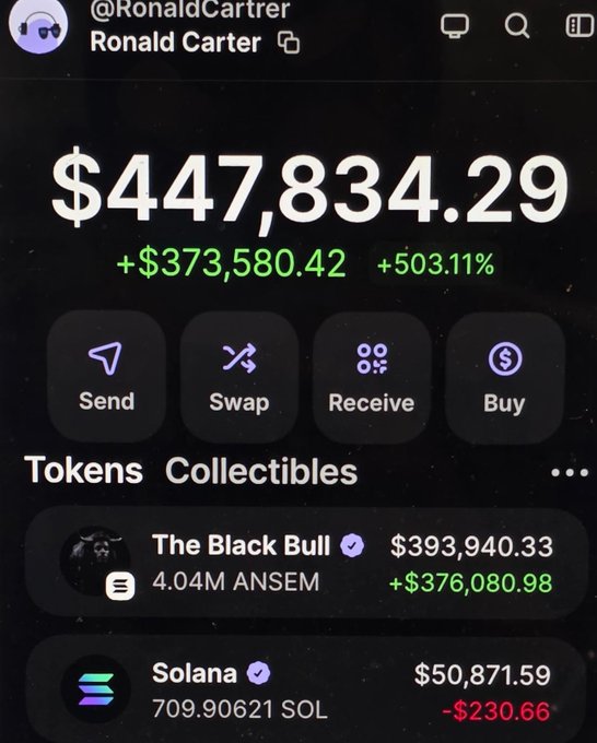 A screenshot of a crypto wallet belonging to @RonaldCarter showing a portfolio value of $447,834.29, with the top holding being "The Black Bull" ($393,940.33) comprising 4.04M $ANSEM tokens, illustrating the massive gains referenced in the post about buying $Ansem for $2,000 and seeing it appreciate to nearly $400,000.