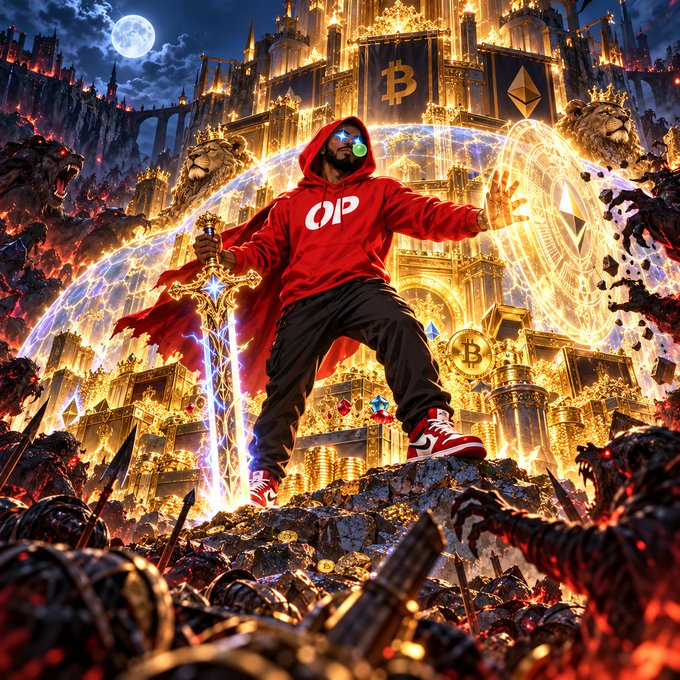 A fantasy-style digital artwork of a bearded man in a red hoodie holding a glowing sword, standing before a golden castle adorned with Bitcoin and Ethereum symbols, surrounded by treasure and mythical creatures.