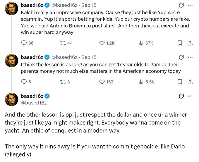 A series of three tweets from verified user @based16z criticizing Kalshi, mocking the company for allegedly being a scam involving sports betting for kids, fake crypto numbers, and paid celebrity endorsements, while joking about the American economy's gambling culture and making a controversial reference to Dario.