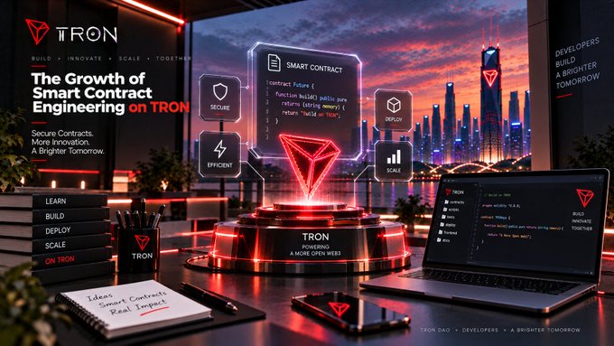 A promotional graphic for TRON titled "The Growth of Smart Contract Engineering on TRON," featuring features like Secure, Efficient, Deploy, and Scale against a futuristic cityscape.